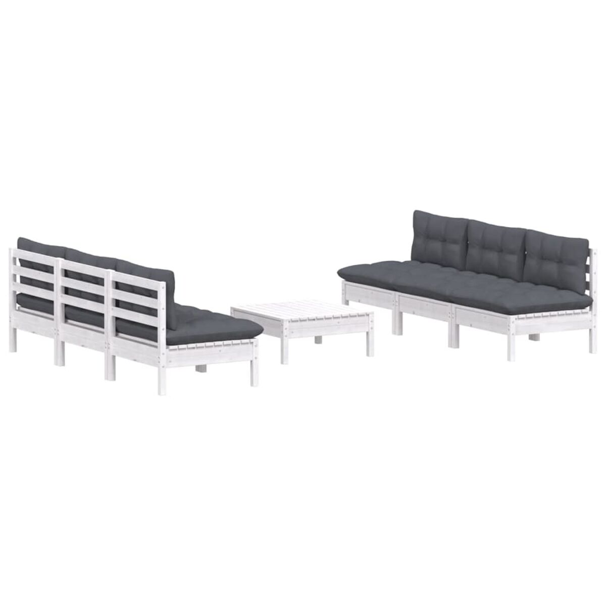 Gartenmöbel-Set mit zwei weißen Sofas und einem weißen Couchtisch, mit grauen Kissen.