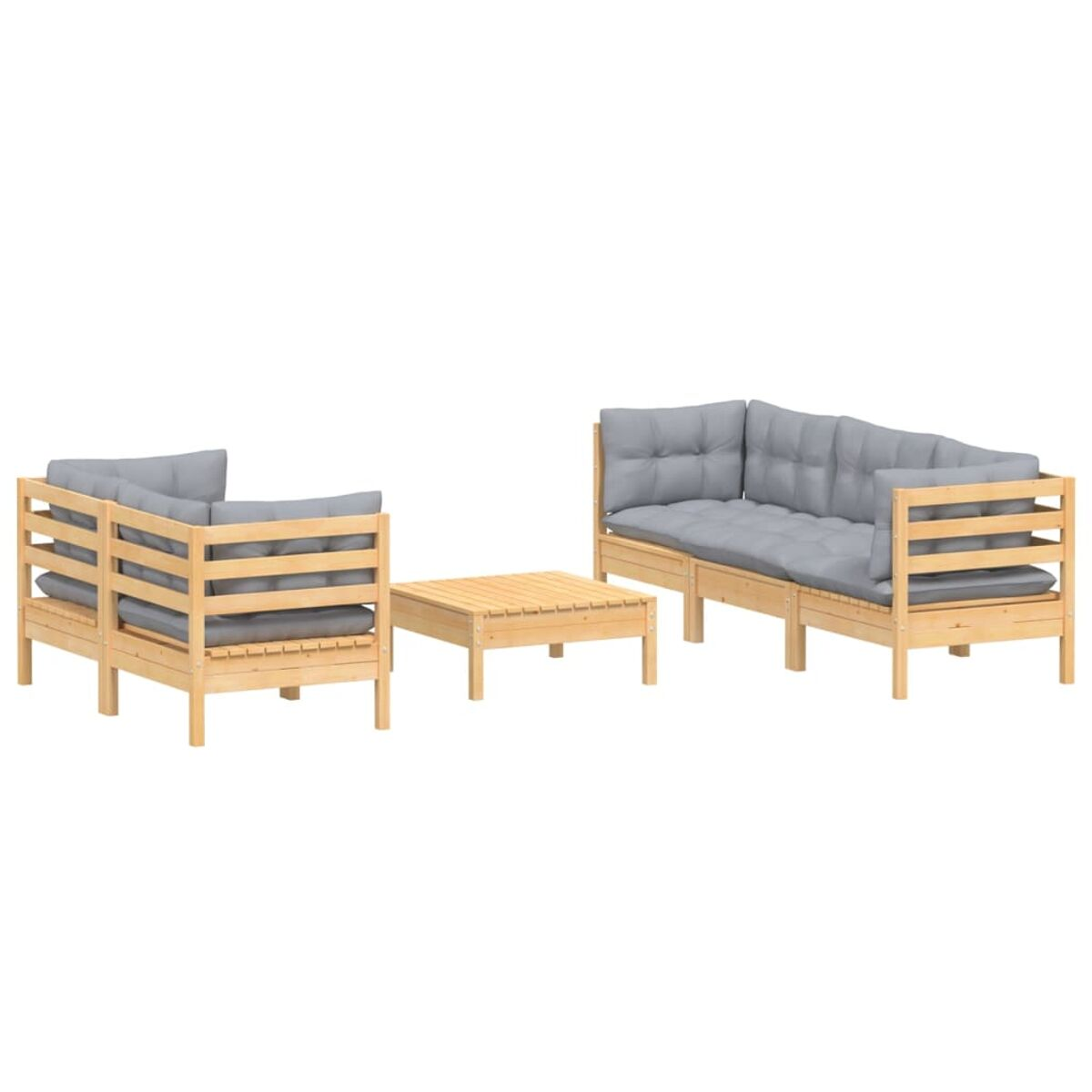 Holz-Outdoor-Sofagarnitur mit grauen Kissen und passendem Couchtisch, Vorderansicht.