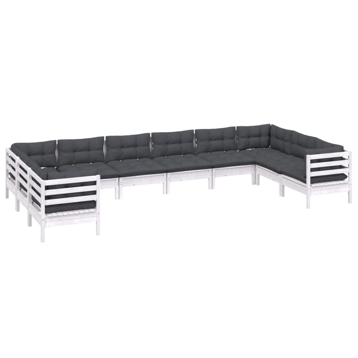 Weißes Sitzmöbel-Set für den Außenbereich, weißer Rahmen, dunkelgraue Kissen. Das Set hat mehrere Teile.