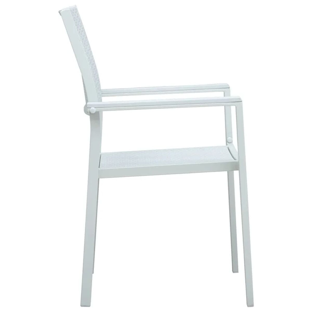 Weißer Outdoor-Stuhl, Seitenansicht. Weißer Rahmen und Sitz.
