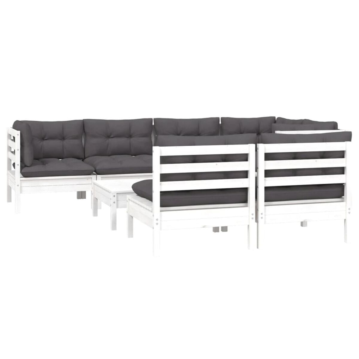 Weißes Holz-Outdoor-Sofa mit grauen Kissen und einem kleinen Tisch.