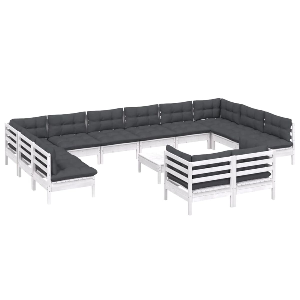Weißes Gartensofa-Set aus Holz mit dunkelgrauen Kissen. Enthält einen kleinen Tisch. Weißer Hintergrund.