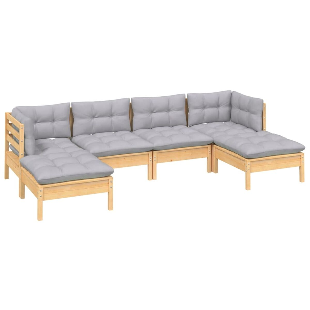Ein hölzernes Ecksofa mit grauen Kissen. Weißer Hintergrund.