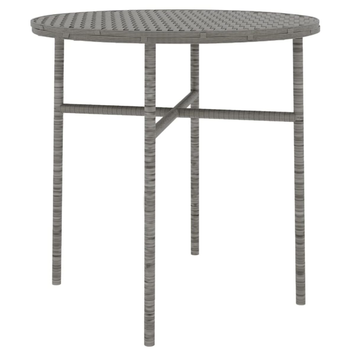 Grauer runder Outdoor-Tisch mit Korbdesign. Weißer Hintergrund und Nahaufnahme.