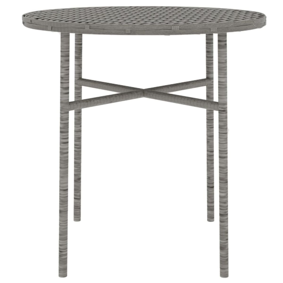 Ein runder, grauer Gartentisch mit gewebter Oberfläche und vier Beinen. Die Beine kreuzen sich in der Mitte.
