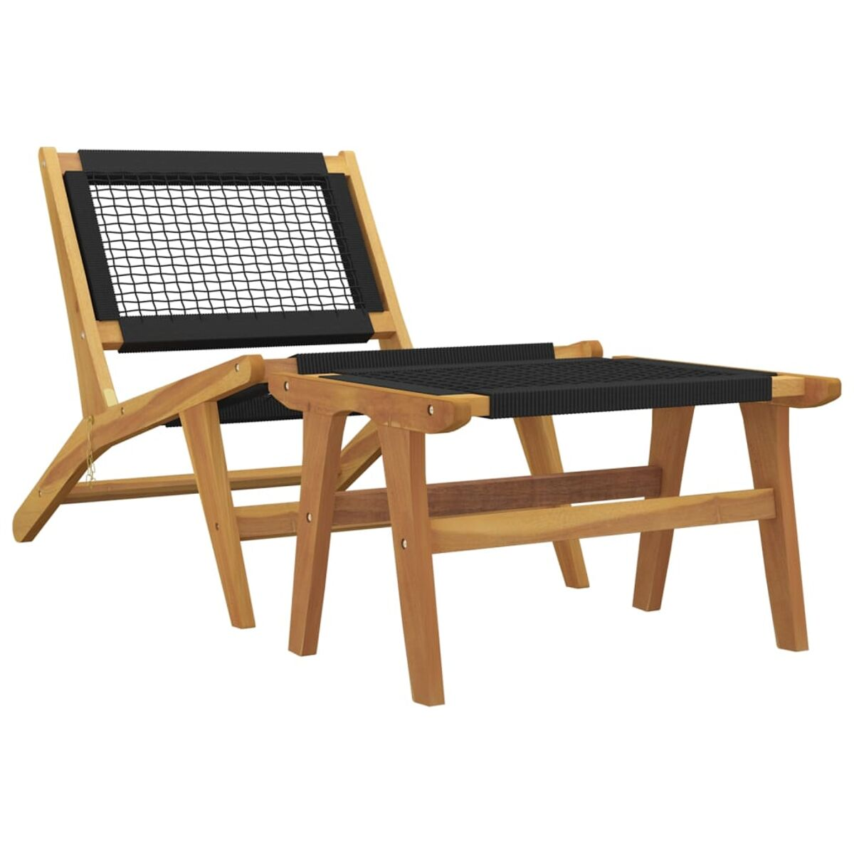 Holzliegestuhl mit schwarzem Webstuhl. Der Stuhl hat ein Liegedesign und steht im Freien.