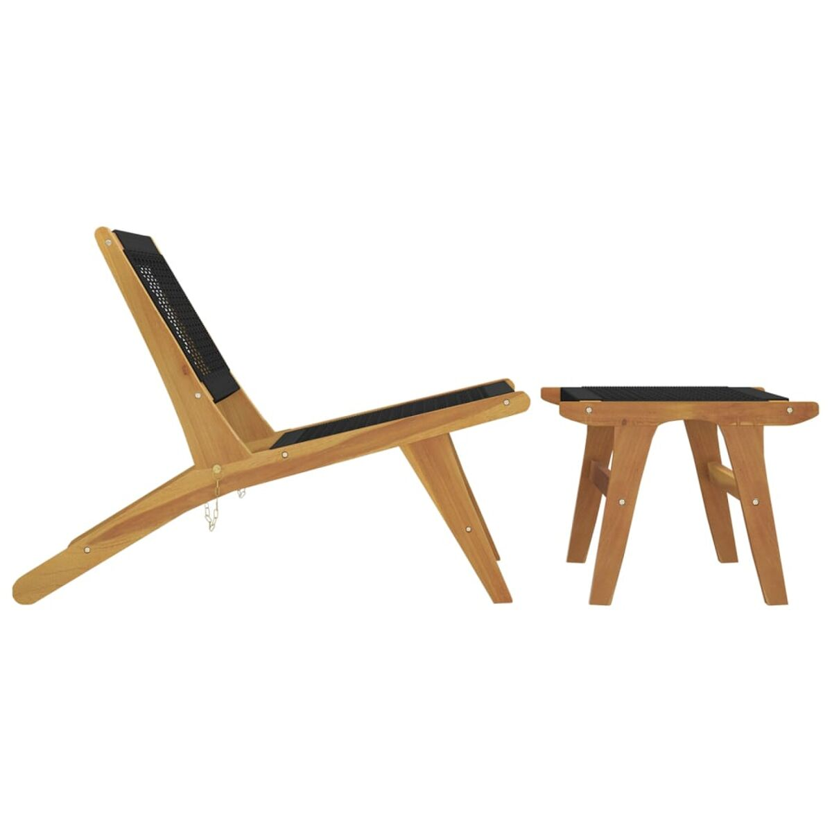 Holzstuhl mit schwarzem Sitz und ein kleiner Tisch. Der Stuhl ist abgewinkelt, der Tisch hat ein ähnliches Design.