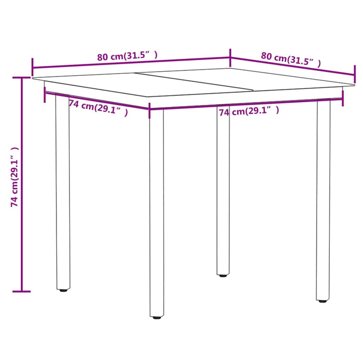 Ein quadratischer weißer Tisch mit den Maßen 80 cm x 80 cm und 74 cm hohen Beinen.