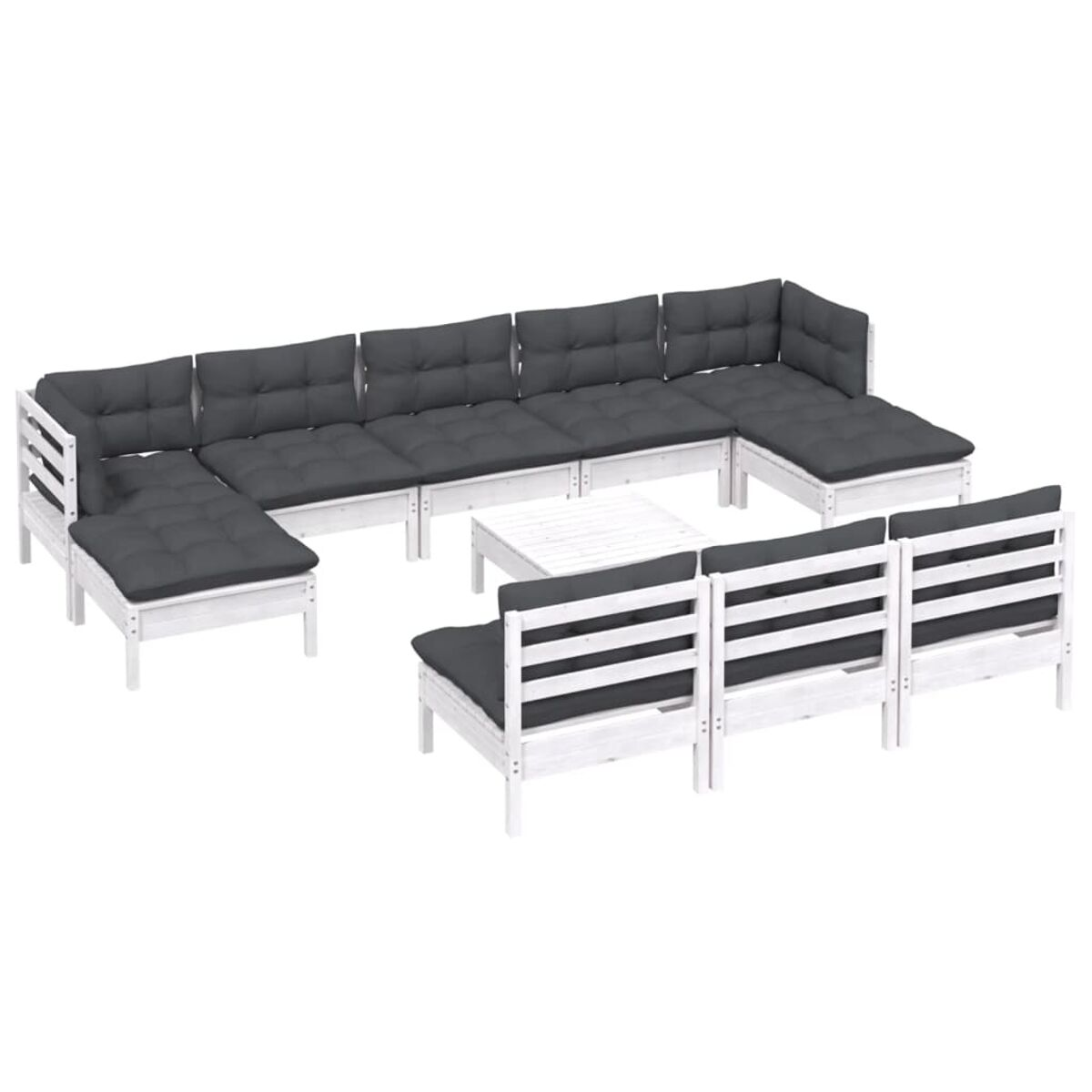 Weißes Holz-Sofaset mit grauen Kissen und einem Tisch. Auf weißem Hintergrund angeordnet.