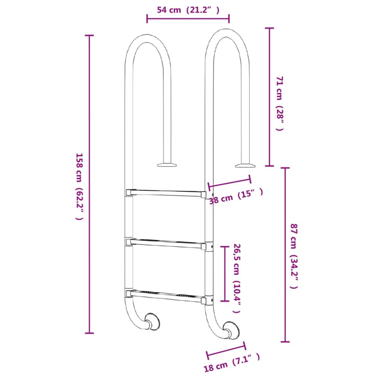 Diagramm mit Abmessungen einer Poolleiter. Die Leiter hat zwei gebogene Griffe und drei Stufen.