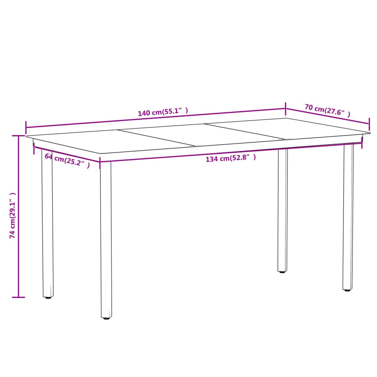 Ein weißer rechteckiger Tisch mit beschrifteten Abmessungen: 140 cm x 70 cm, 74 cm hoch.