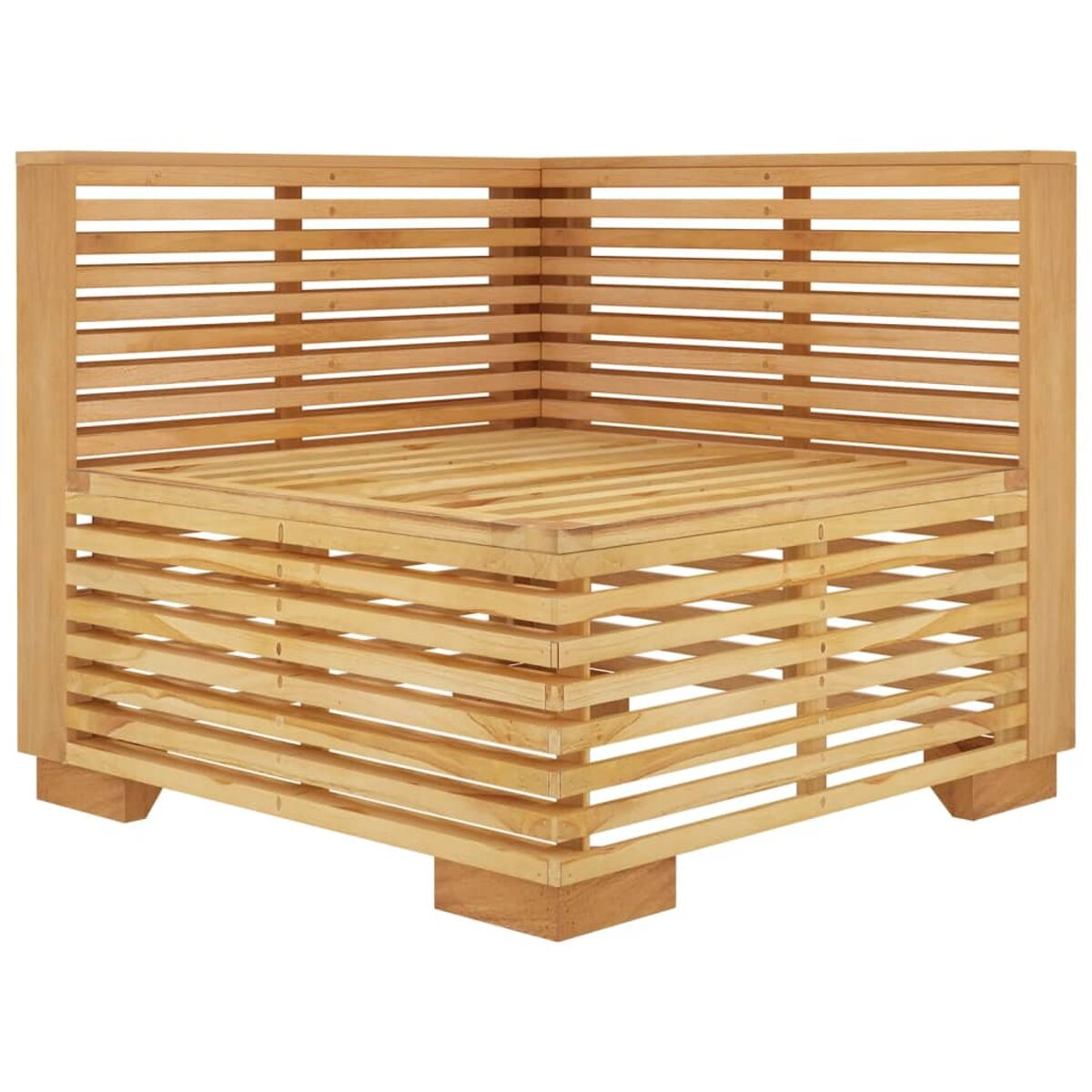 Eck-Sitzelement aus Holz mit Lattenseiten und einer flachen, mit Latten versehenen Oberseite.