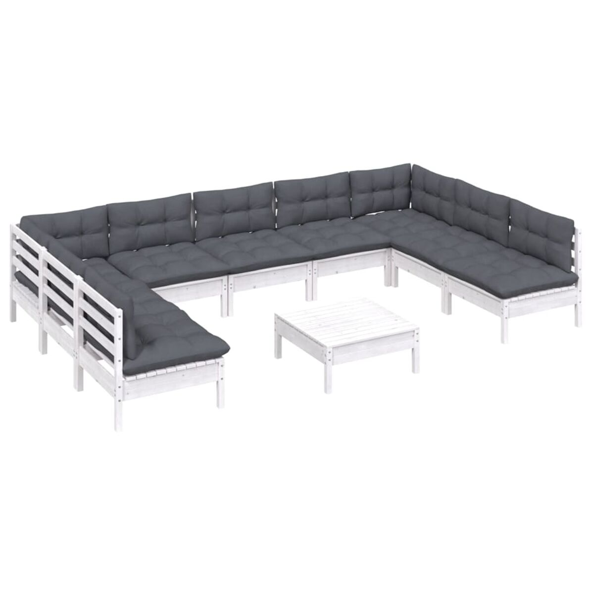 Gartenmöbel-Set. Weißer Rahmen, graue Kissen, weißer Tisch.