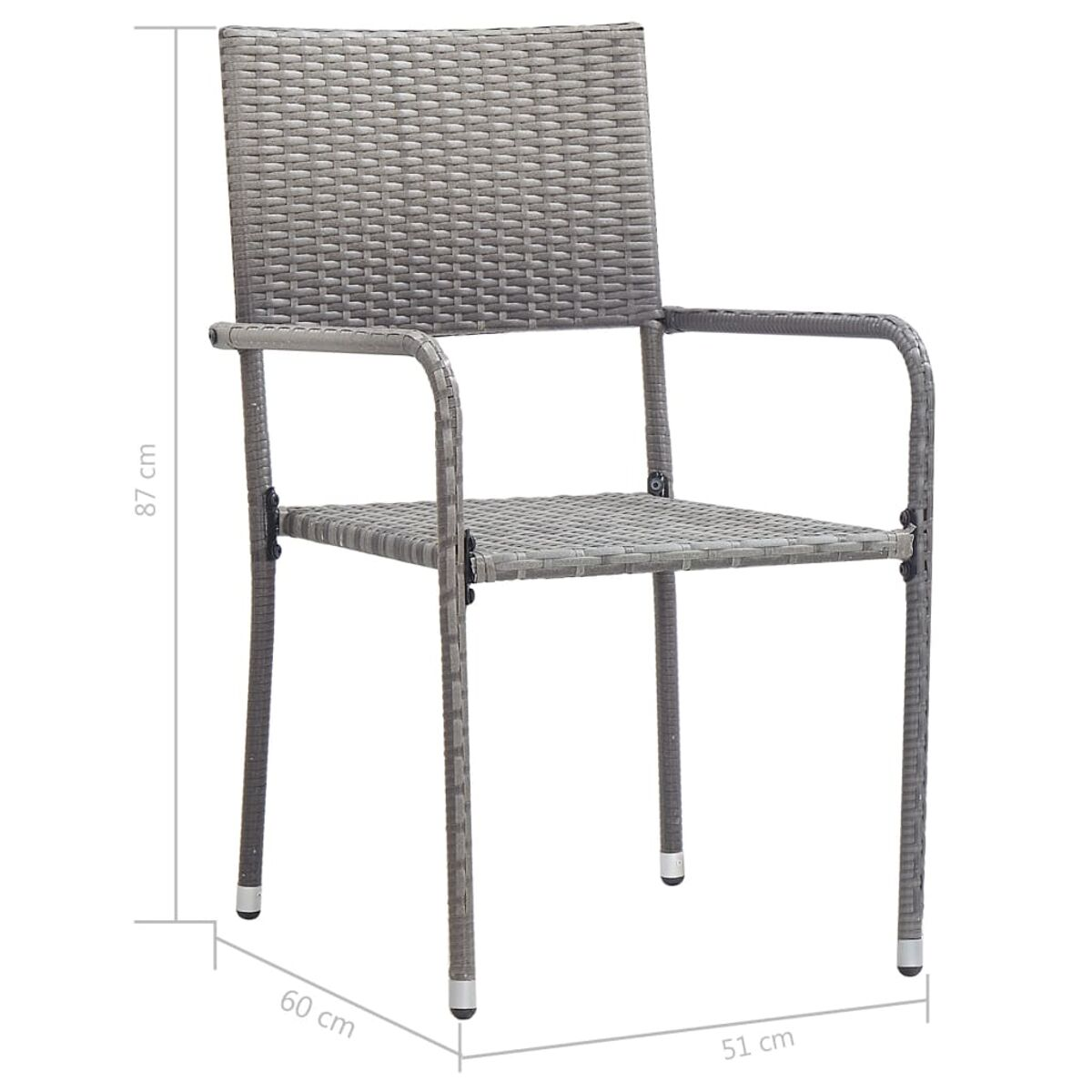 Grauer Outdoor-Stuhl aus Weide. Der Stuhl hat Armlehnen und ist 87 cm hoch.