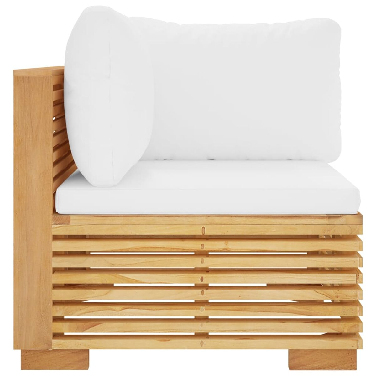 Holz-Ecksofa-Teil im Freien mit weißem Kissen und Kissen, Seitenansicht.