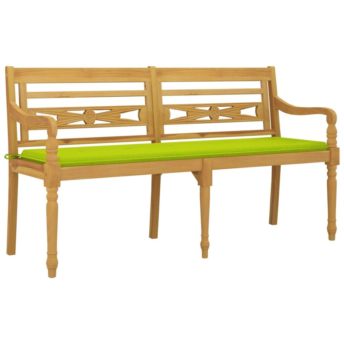 Holzbank mit grüner Auflage und dekorativem Design. Die Bank ist im Freien.