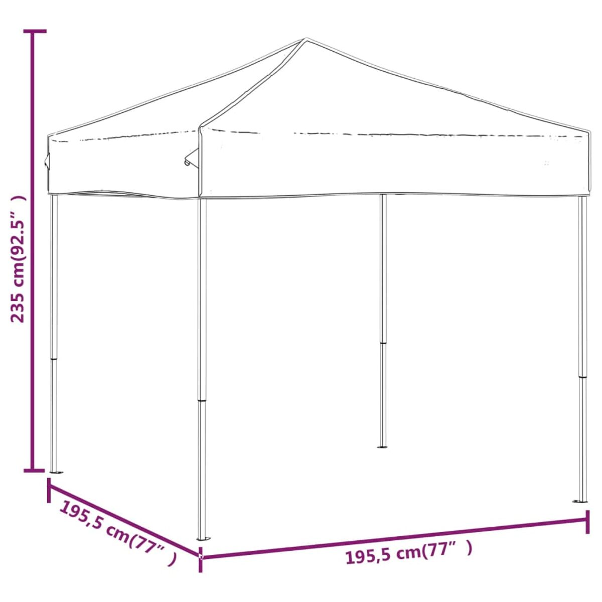 Ein weißer Pavillon mit spitzem Dach, der Abmessungen in Zentimetern und Zoll zeigt.