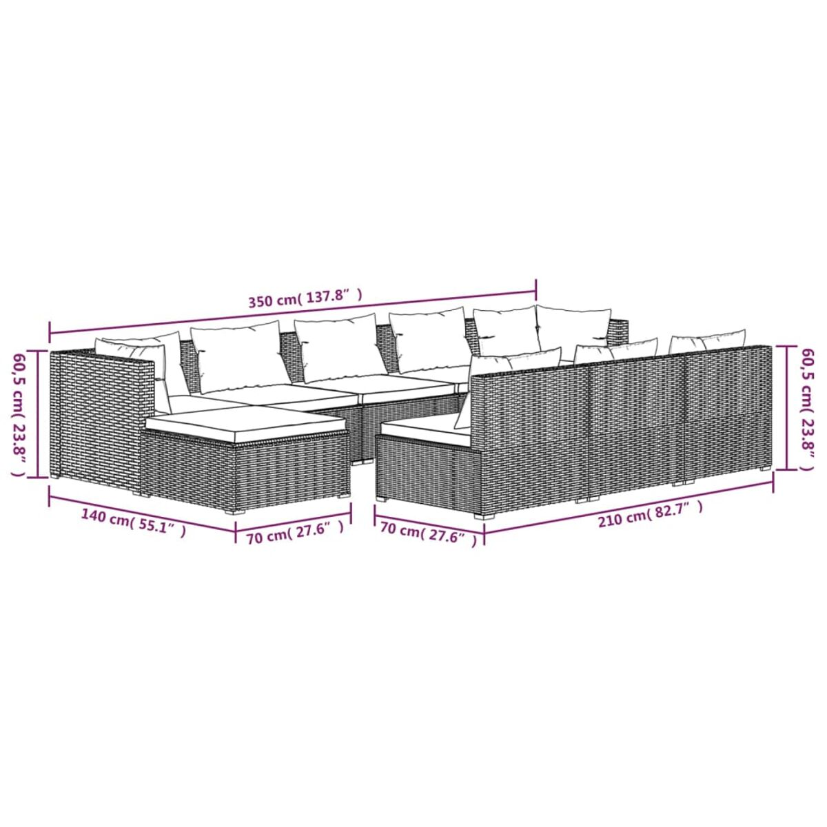 Diagramm des Ecksofas für den Außenbereich mit Maßen in cm und Zoll.