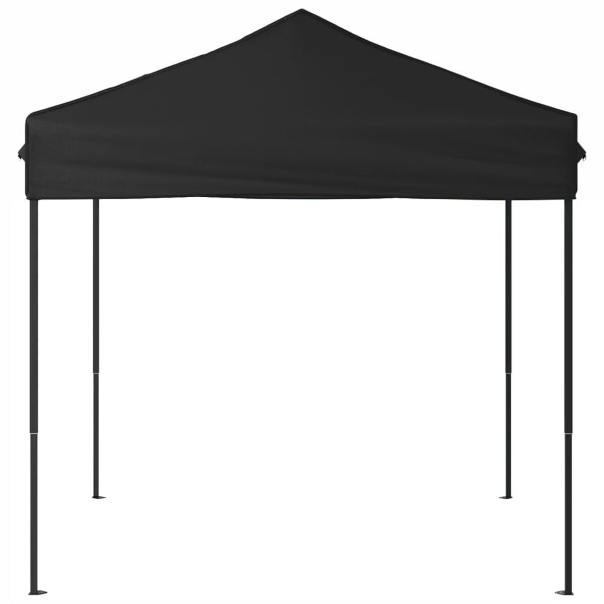 Un gazebo pop-up nero con tetto e gambe nere. È ambientato su uno sfondo bianco.