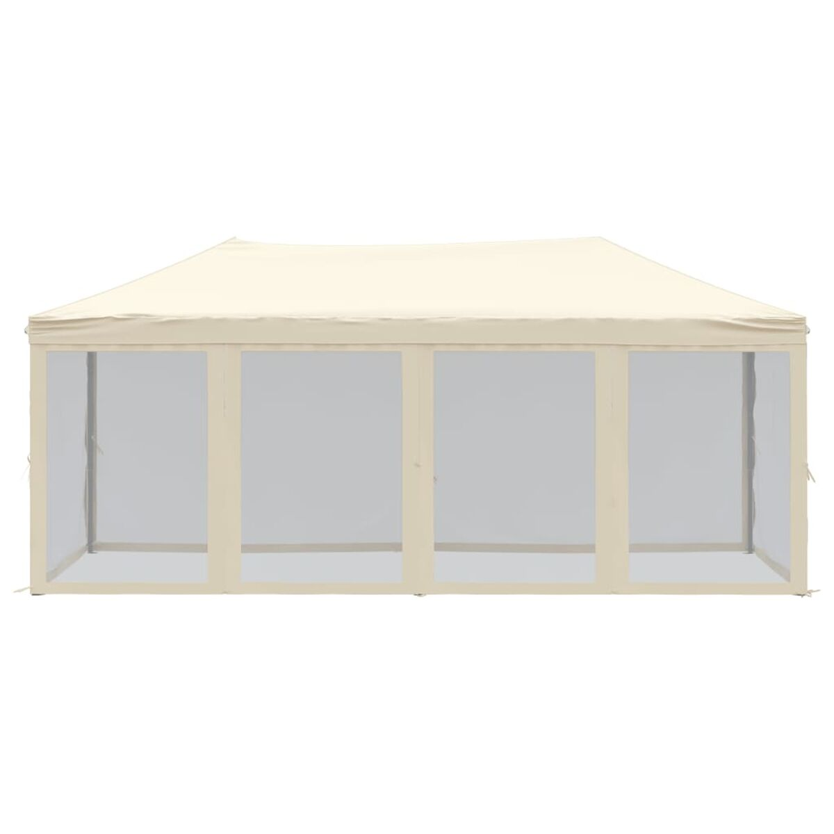 Ein beigefarbener Pop-up-Pavillon mit durchsichtigen Kunststofffenstern und einem weißen Dach, isoliert auf Weiß.
