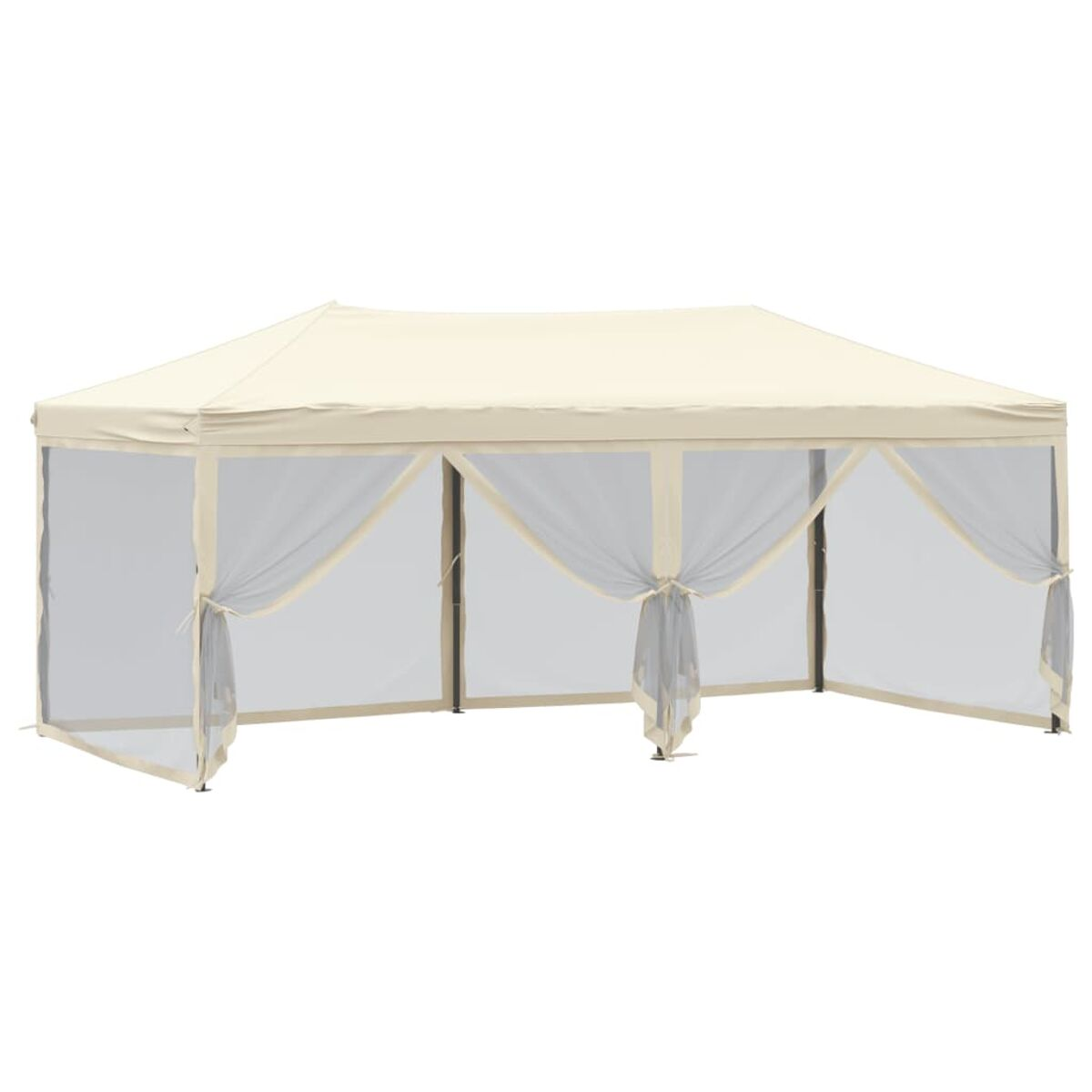Beige Outdoor-Zelt mit Mesh-Seiten und cremefarbenem Dach. Es ist auf weißem Hintergrund.