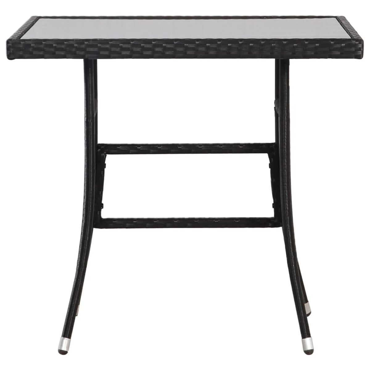 Schwarzer Tisch mit Glasplatte. Die Beine sind schwarz und gebogen.