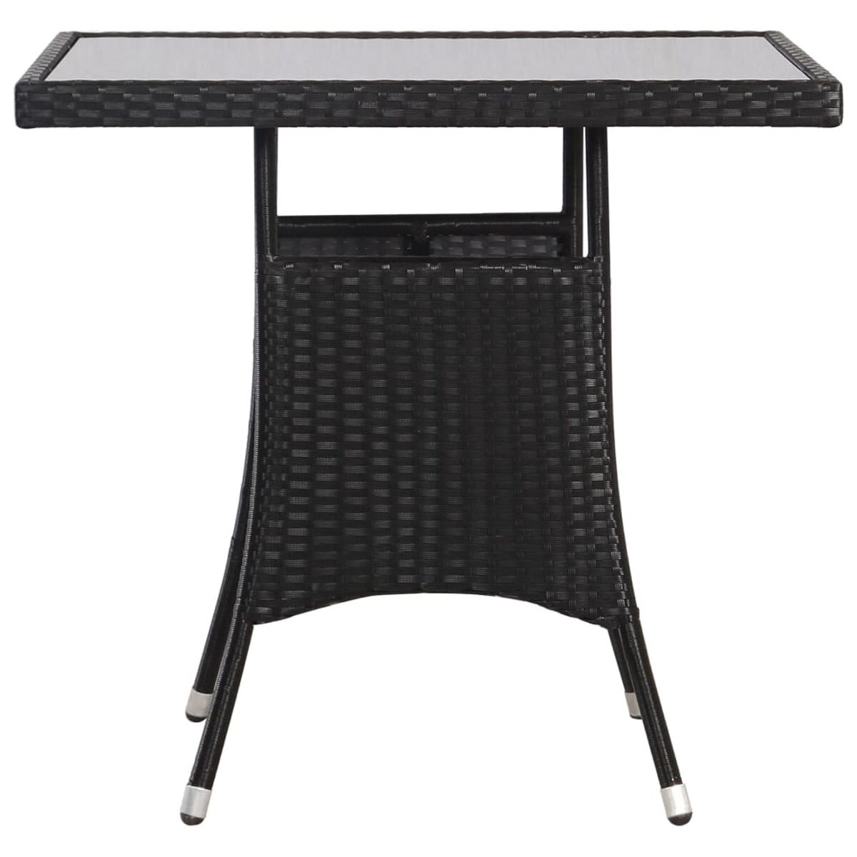 Schwarzer Korbtisch mit Glasplatte. Hat einen gewebten Korpus und Metallbeine.