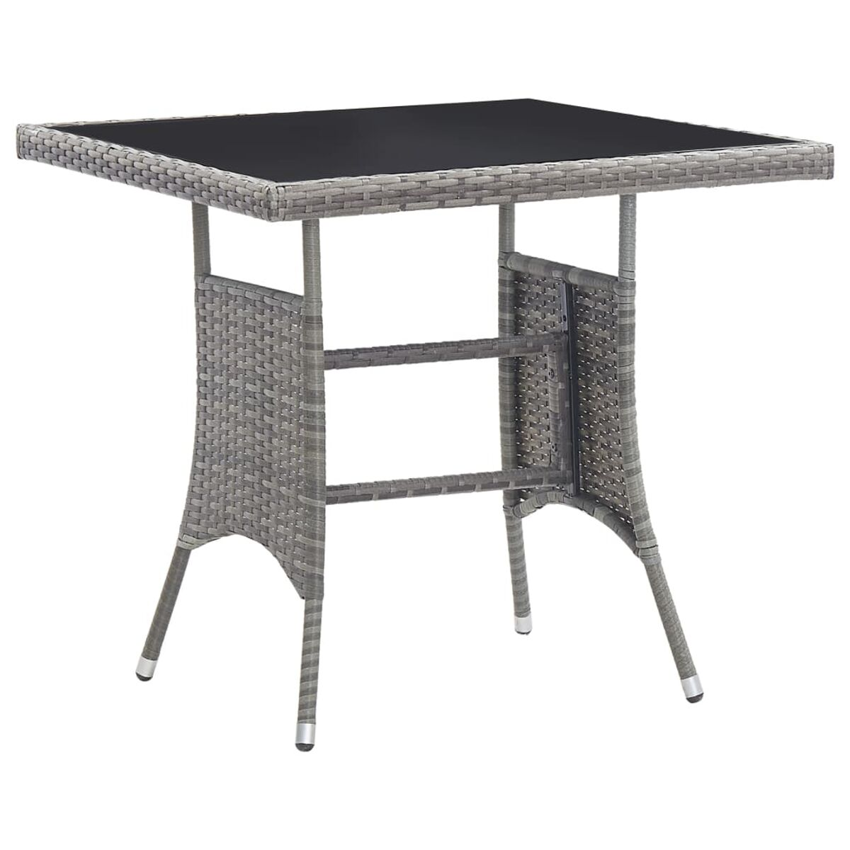 Tavolo quadrato grigio con piano nero su sfondo bianco. Tavolo grigio tessuto con piano nero.