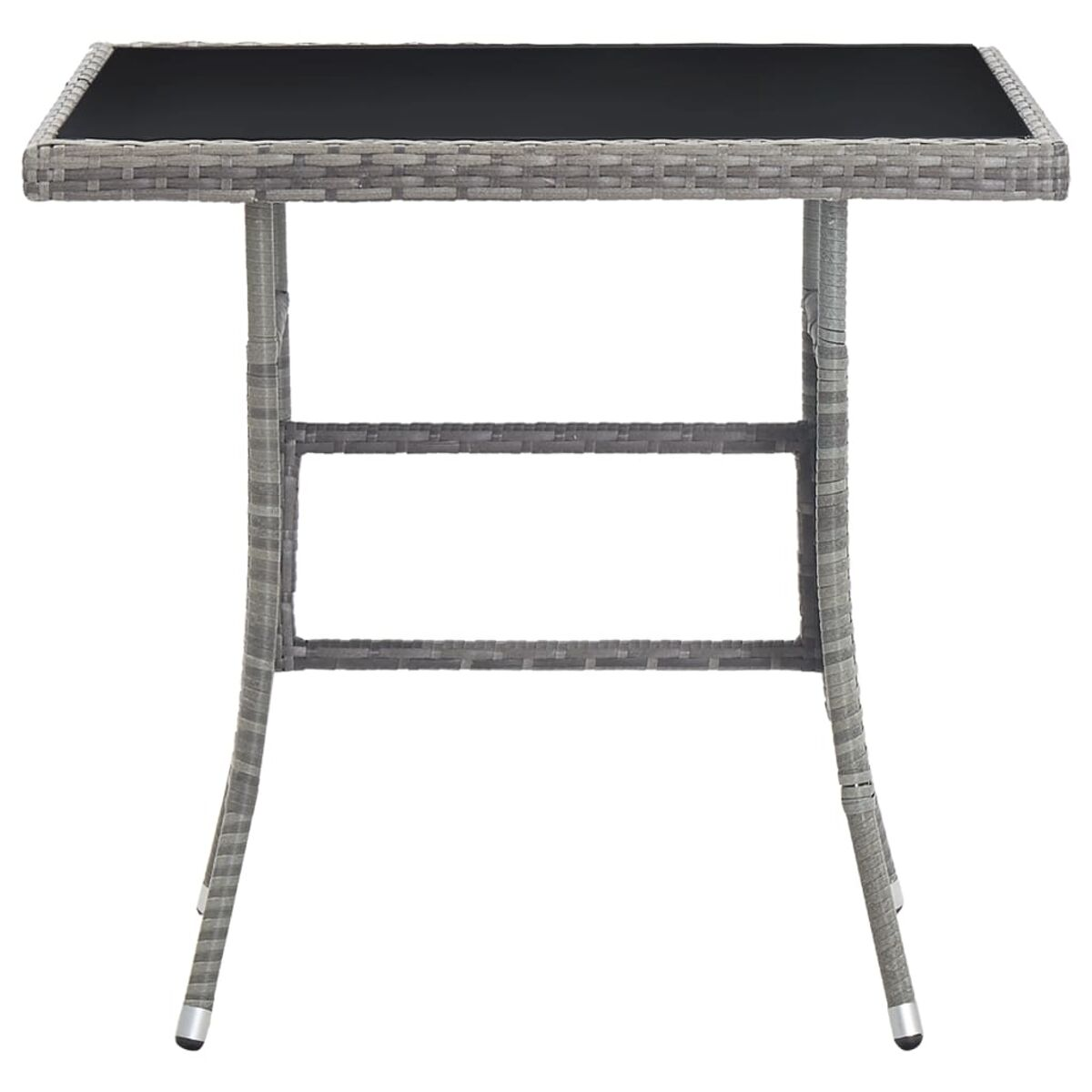 Tavolo da esterno in rattan grigio con piano in vetro nero. Design pieghevole.