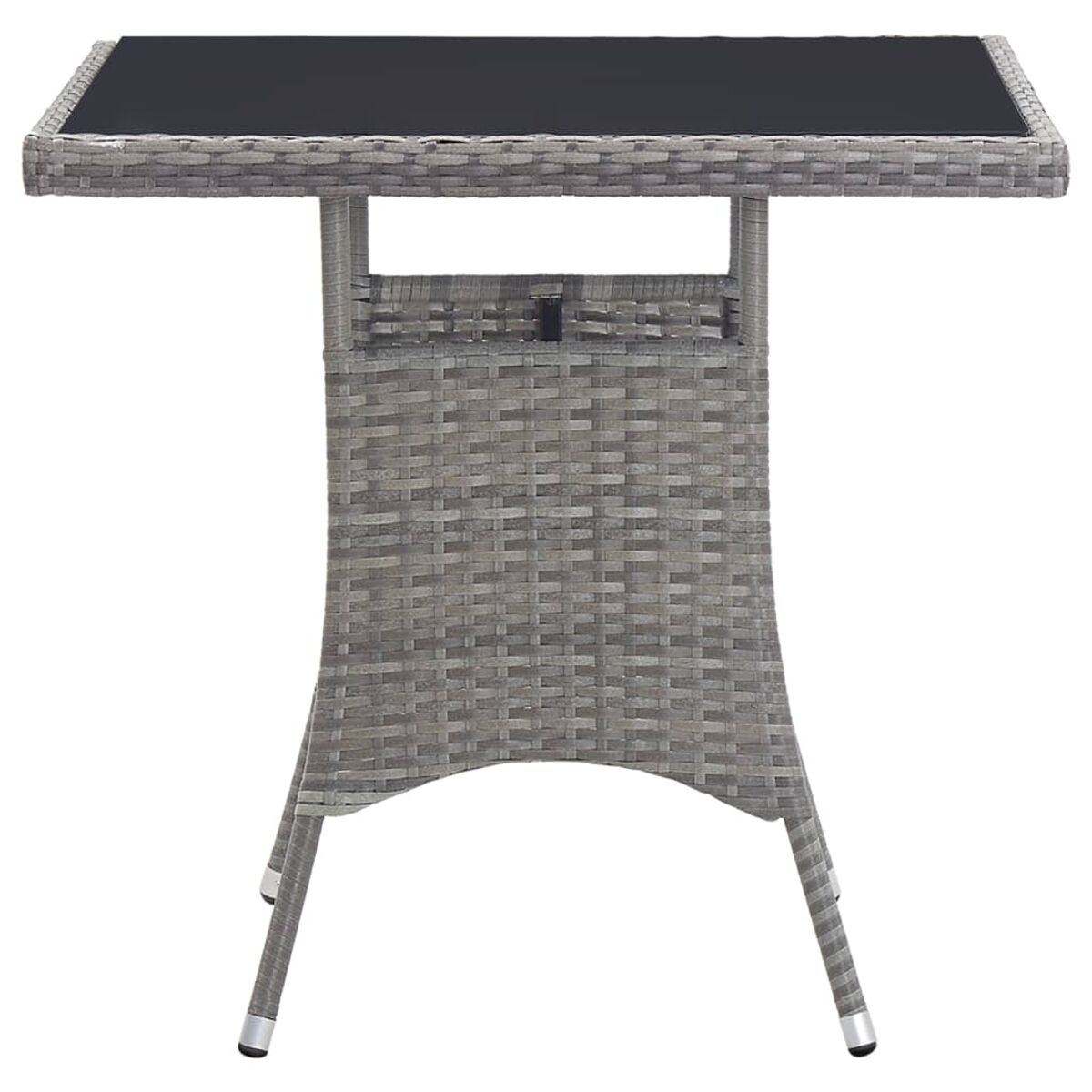Tavolo in vimini grigio con piano in vetro nero, su sfondo bianco. Dimensioni etichettate.