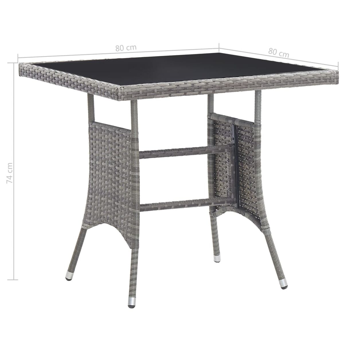 Tavolo quadrato grigio intrecciato con piano nero. Dimensioni: piano 80x80cm, altezza 74cm.