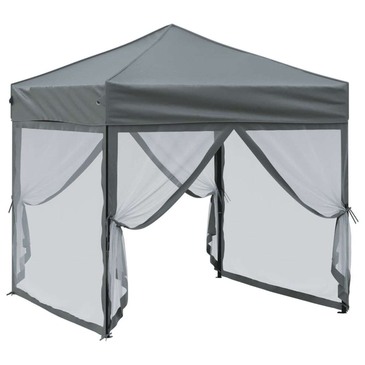 Grauer Pavillon mit weißen Netzseiten. Abgewinkeltes Dach, isoliert auf weißem Hintergrund. Outdoor-Schutz.
