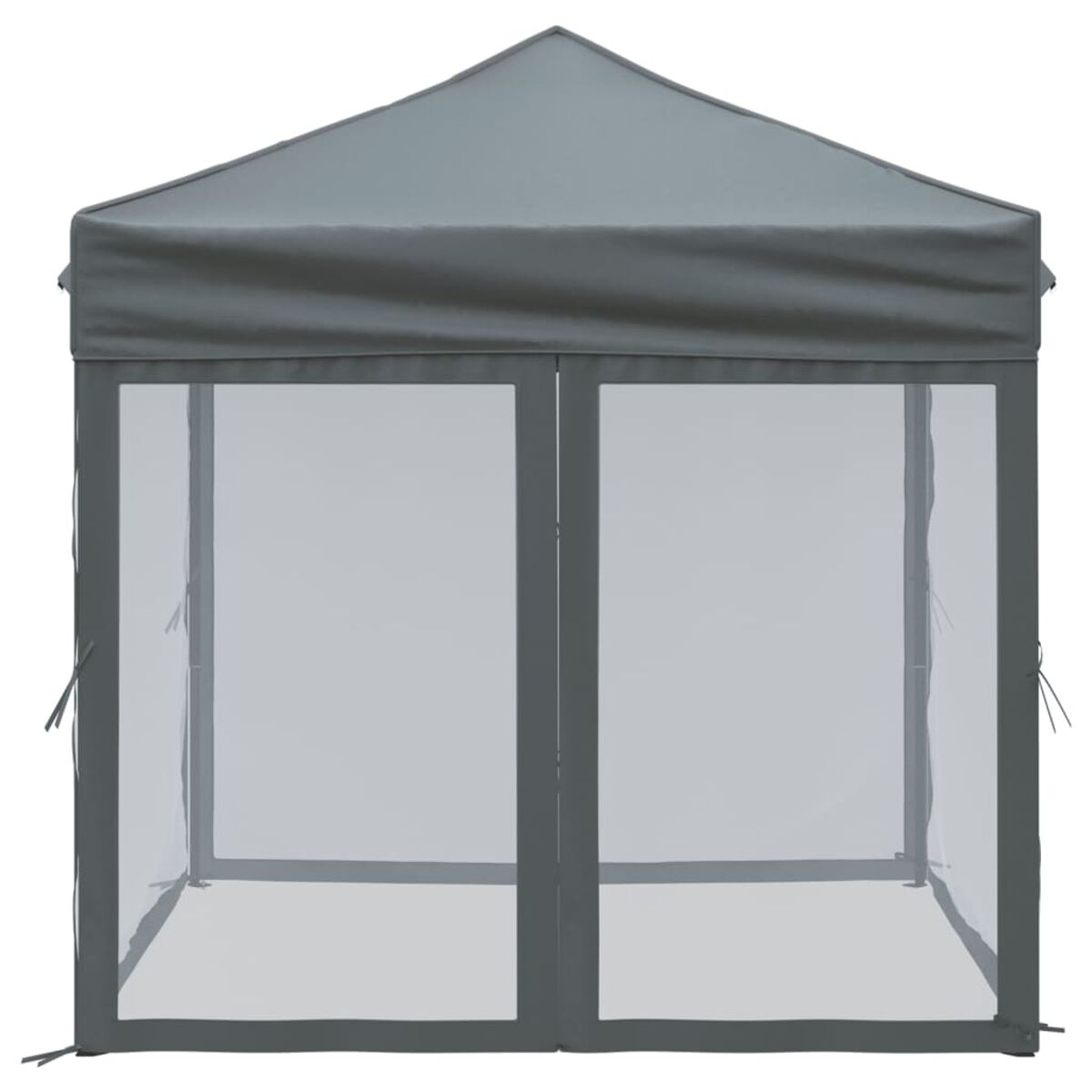 Grauer Pavillon mit spitzem Dach. Die Seiten sind transparent und zeigen das Innere.