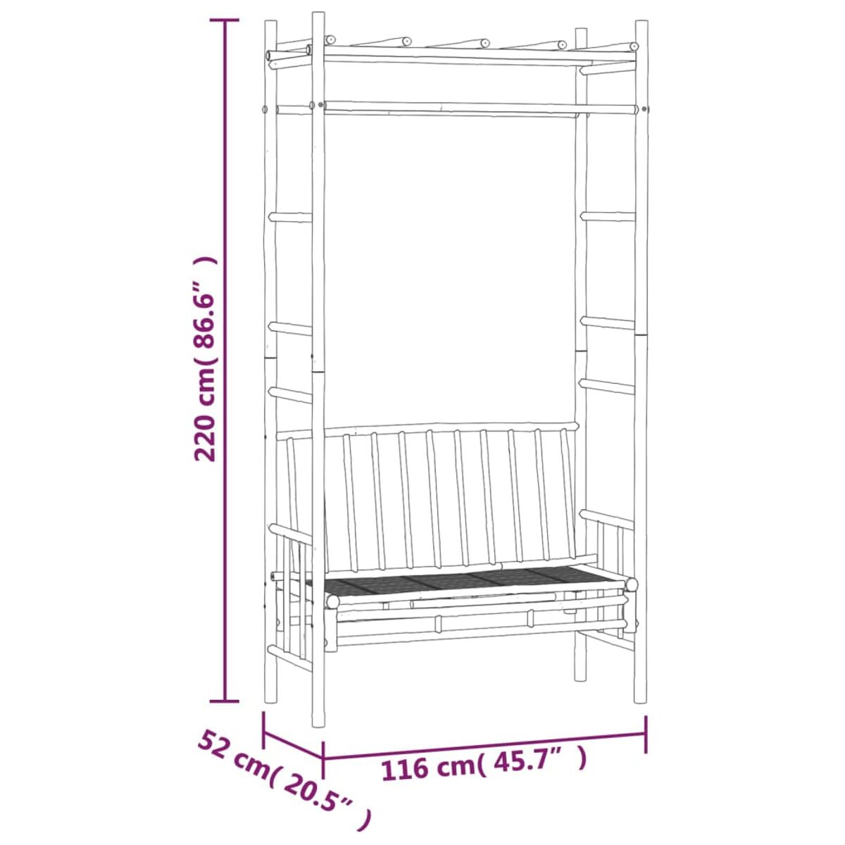 Holzbank mit Baldachin. Maße: 220 cm (86,6") hoch, 116 cm (45,7") breit.