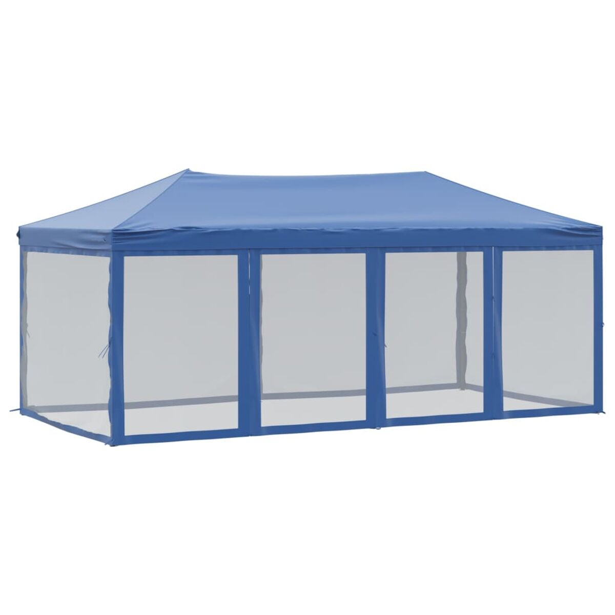 Blauer Pavillon mit klaren Seiten. Es hat eine rechteckige Form und ein blaues Dach.