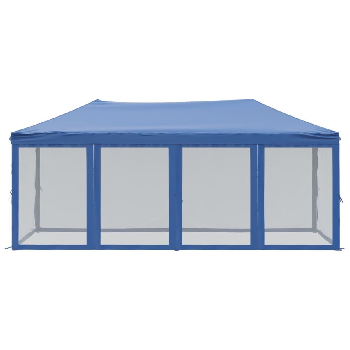 Blaues Outdoor-Zelt mit transparenten Wänden. Weißer Hintergrund und Umgebung im Freien.