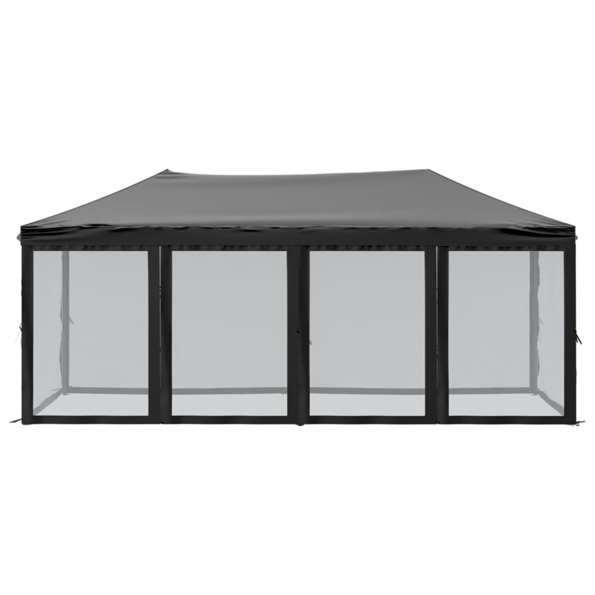 Schwarzer Pavillon mit transparenten Wänden. Das Dach ist schwarz.