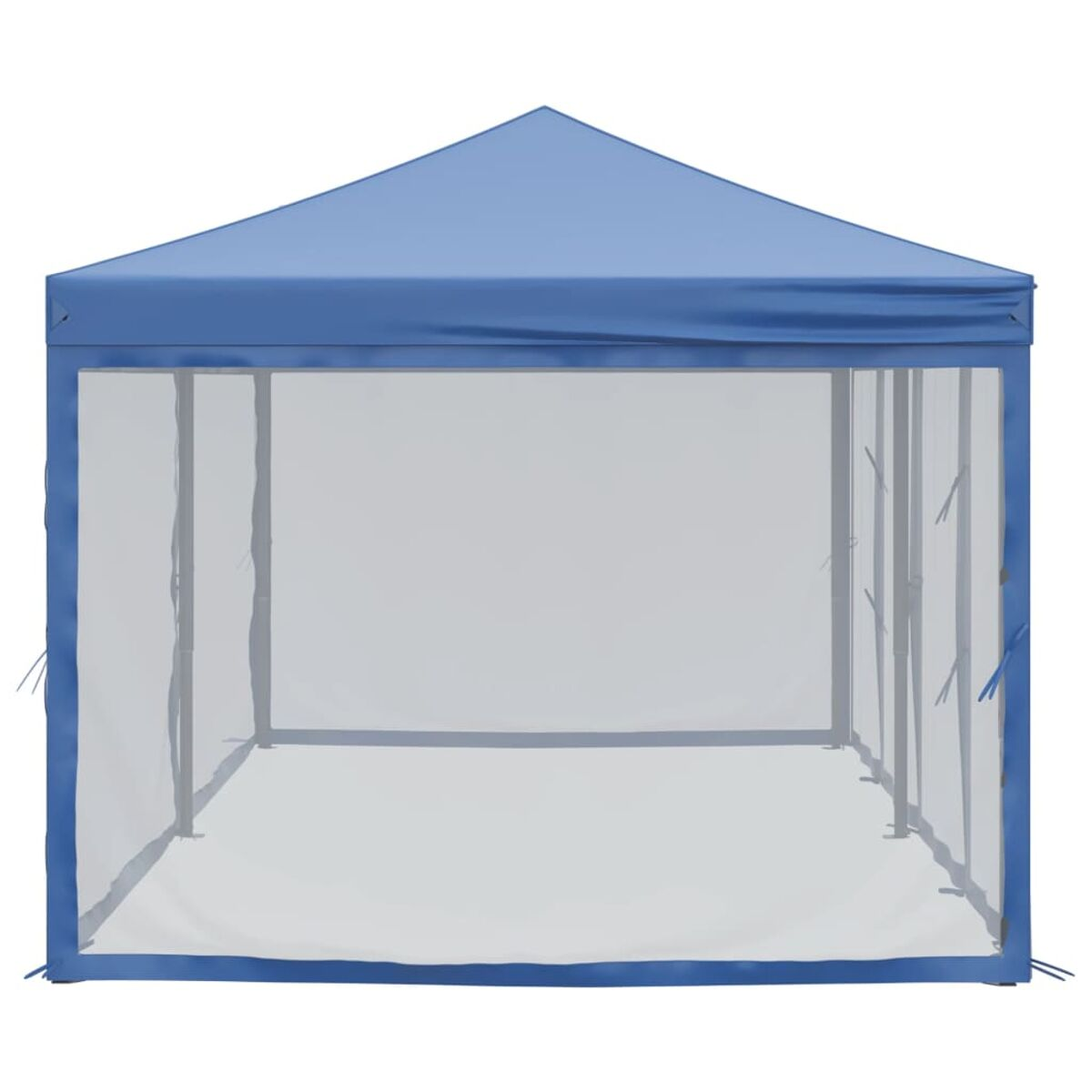 Blauer rechteckiger Pop-up-Pavillon mit Netzseiten und blauem Dach. Der Hintergrund ist weiß.