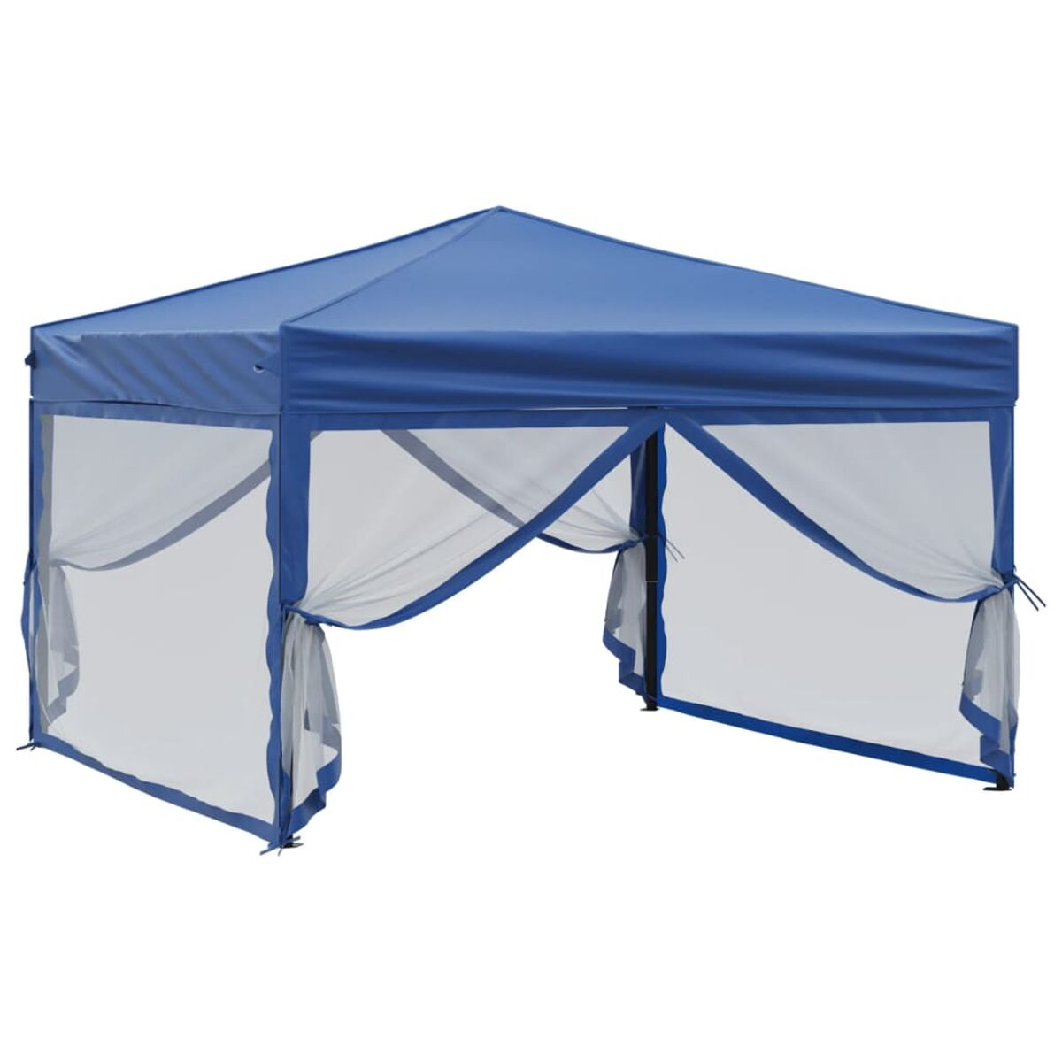 Blauer Pavillon mit weißen Netzseiten, vor weißem Hintergrund.