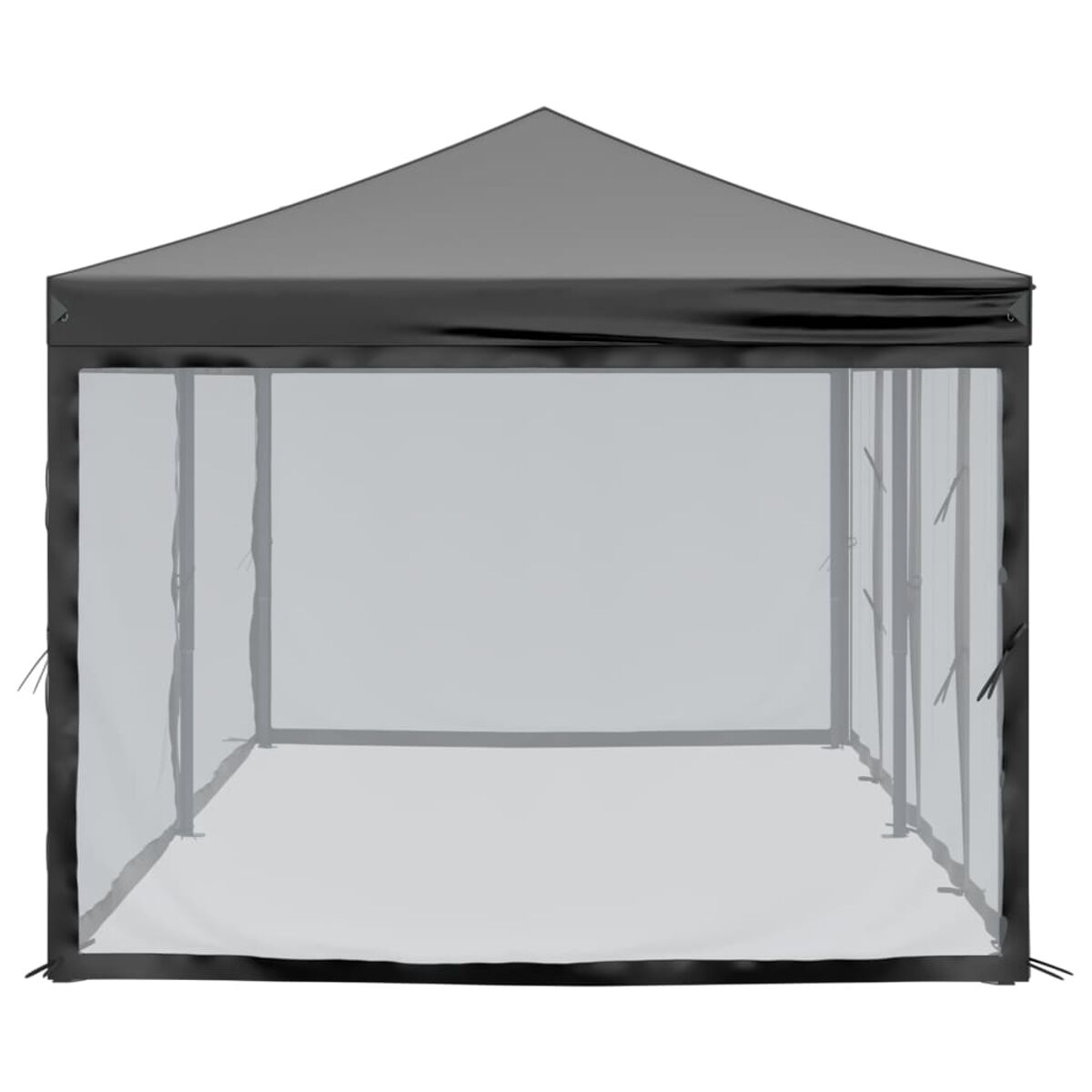 Ein quadratischer Pavillon mit schwarzem Dach und transparenten Seiten. Für den Außenbereich konzipiert.