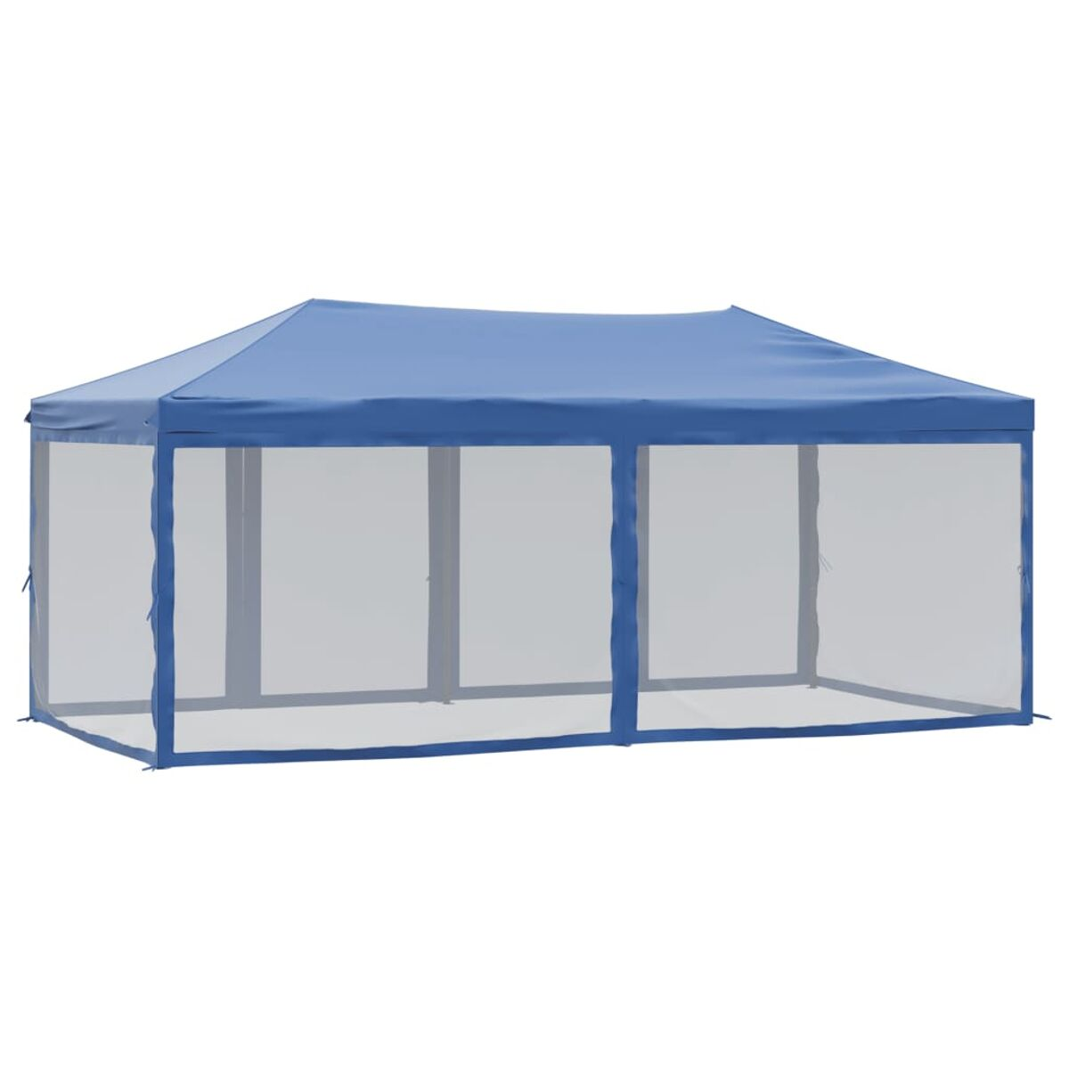 Blauer Pavillon mit Netzseiten, Satteldach und weißem Hintergrund.