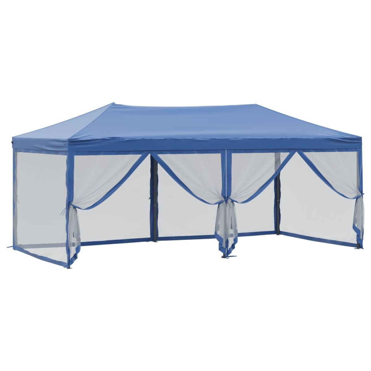 Ein blauer Outdoor-Pavillon mit weißen Vorhängen und weißem Hintergrund.