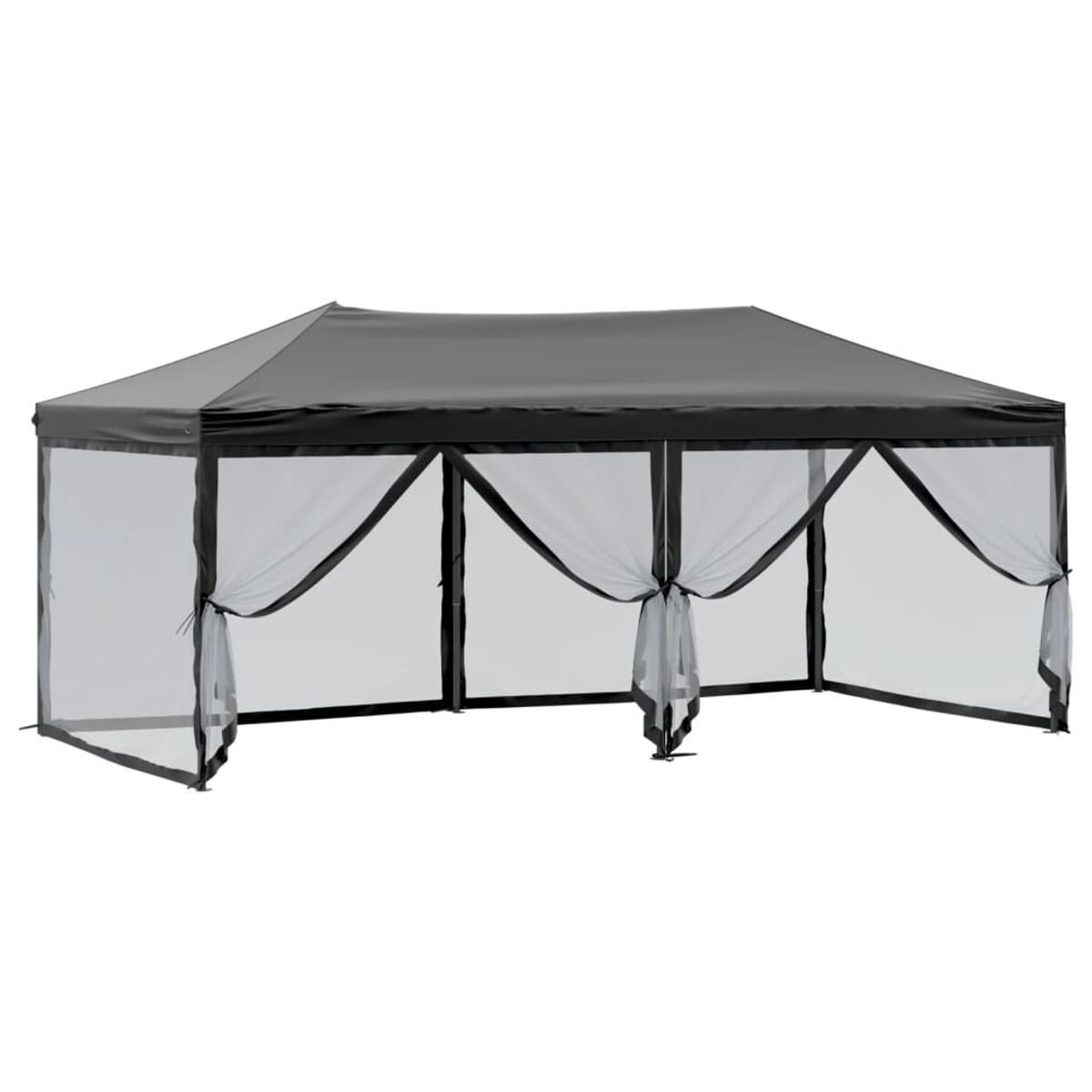 Ein schwarzer und grauer Outdoor-Pavillon mit Vorhängen.