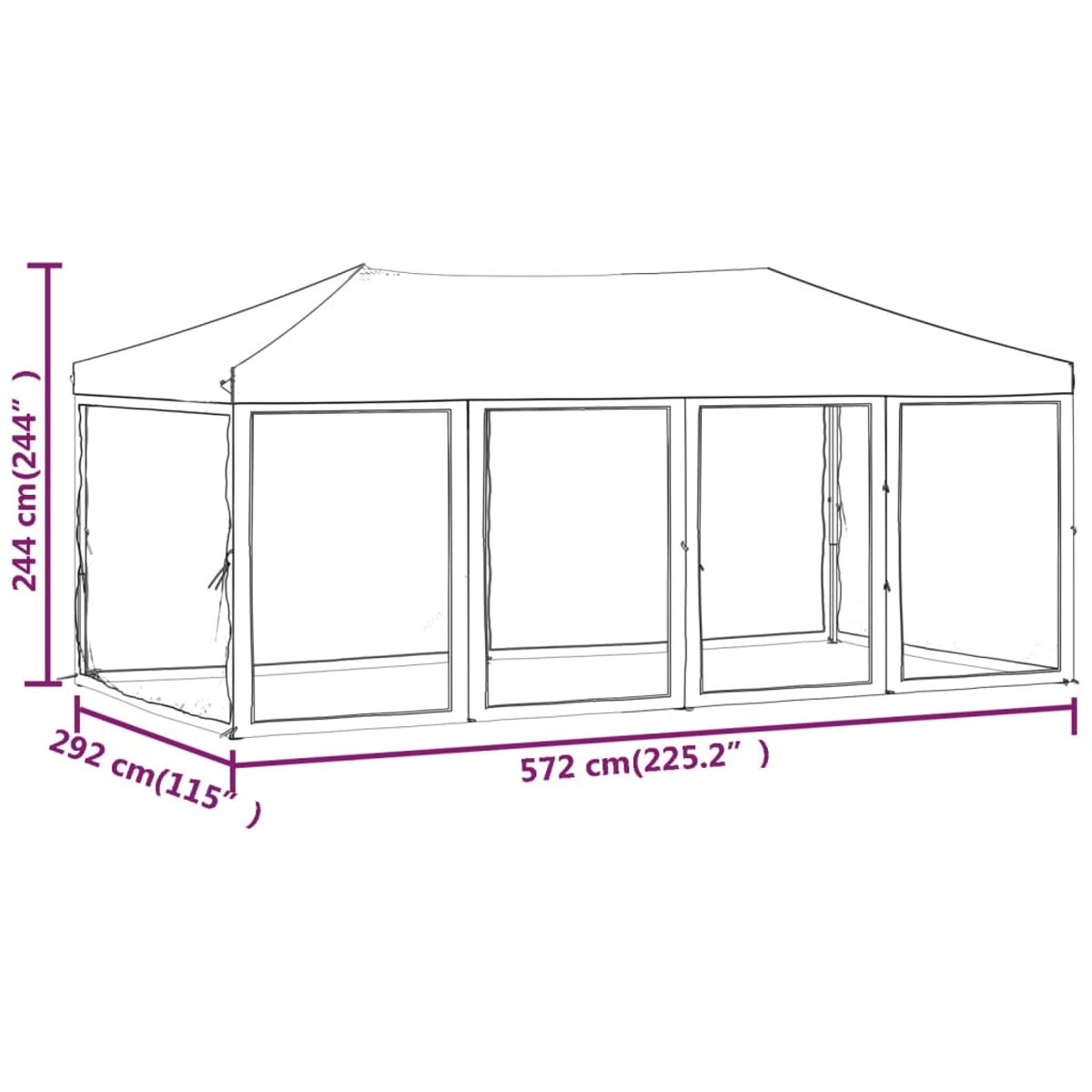 Ein weißer Pavillon mit beschrifteten Abmessungen. Der Pavillon hat ein Dach und offene Seiten.