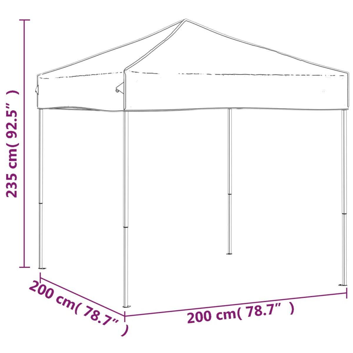 Ein weißer Pavillon mit spitzem Dach, der Abmessungen in Zentimetern und Zoll zeigt.