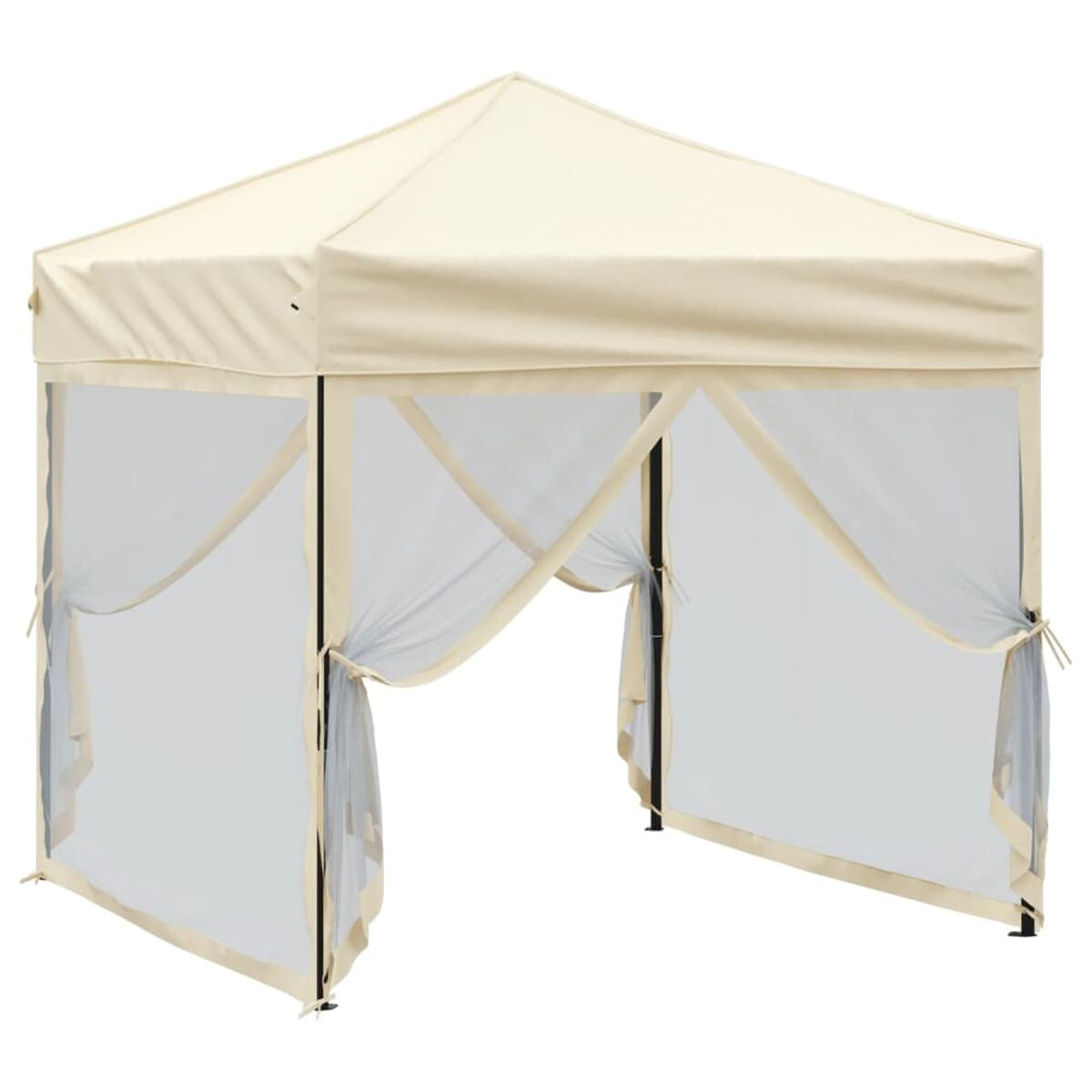 Beiger Pop-up-Pavillon mit Netzzäunen und Vorhängen, vor weißem Hintergrund.