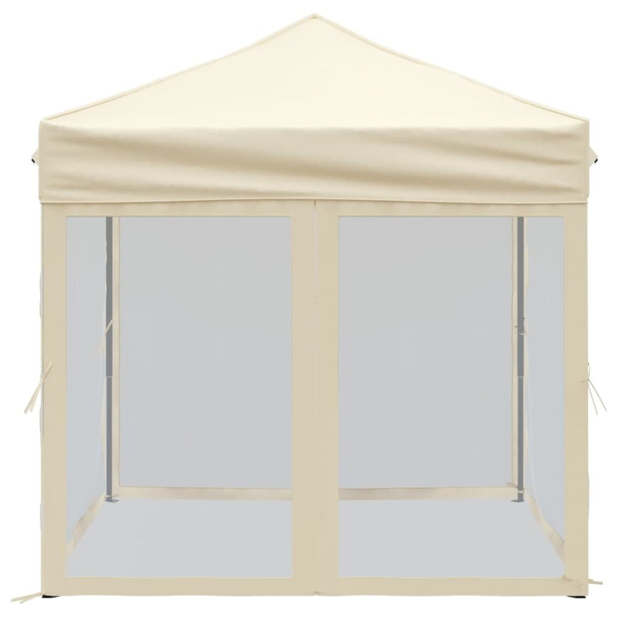 Beiger Outdoor-Pavillon mit transparenten Paneelen und weißem Rahmen. Weißer Hintergrund.
