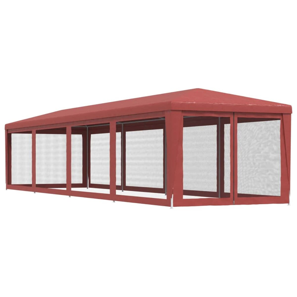 Rote Pergola mit weißen Netzseiten. Rechteckige Form mit rotem Dach. Klarer Hintergrund.