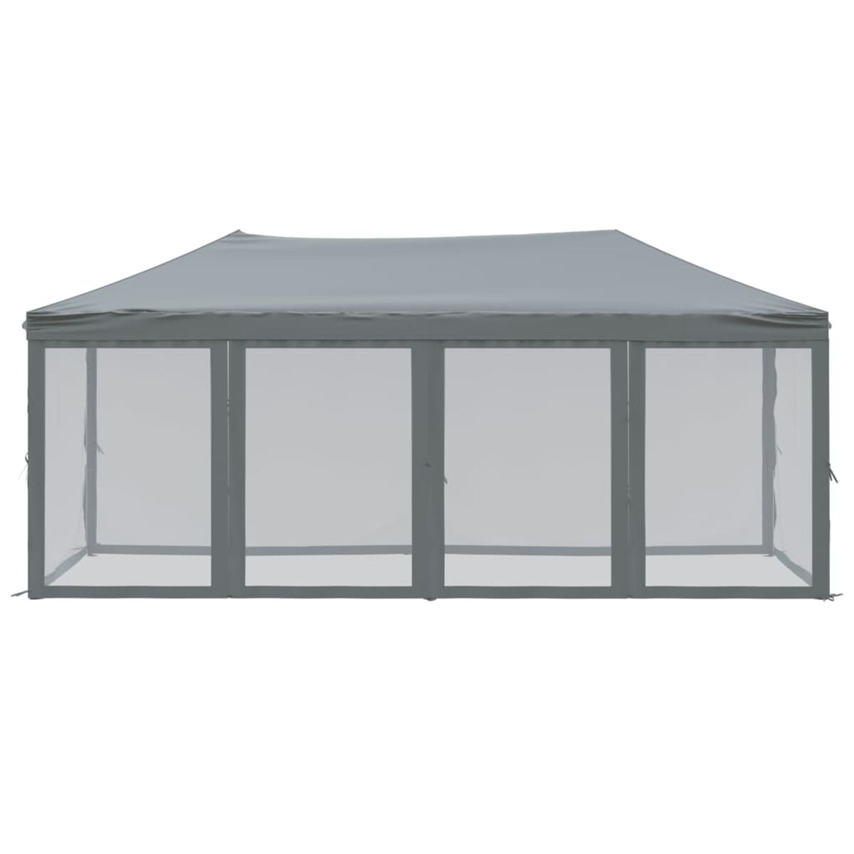 Ein grauer, rechteckiger Pavillon mit Netzseiten und einem grauen Dach.