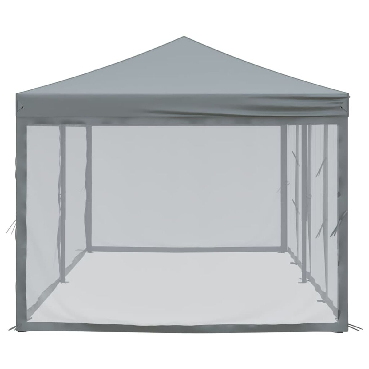 Grauer Pavillon mit Spitzdach und Netzseiten, eine klare und offene Struktur.